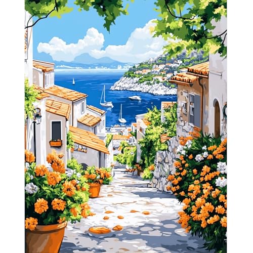 QENSPE Malen nach Zahlen Kit für Erwachsene - Paint by Numbers Adult mit Hochauflösende Leinwand, 3 Pinsel, Stress-Entlastung DIY Kunst, Wanddekoration Geschenk für Anfänger, 40x50cm, Straße am Meer von QENSPE