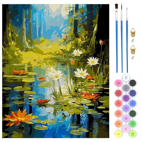 QENSPE Malen nach Zahlen Landschaft für Erwachsene, DIY Farbe Ölgemälde Malen nach Zahlen Set für Anfänger – Farbe Leinen Leinwand mit Acrylfarbe und 3 Pinsel, Haus Wand Deko 40x50cm - Teich QENSPE Malen nach Zahlen Landschaft für Erwachsene, DIY Farbe Ölgemälde Malen nach Zahlen Set für Anfänger – Farbe Leinen Leinwand mit Acrylfarbe und 3 Pinsel, Haus Wand Deko 40x50cm - Teich von QENSPE