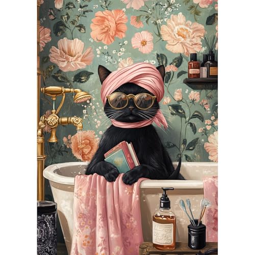 QENSPE Schwarze Katze Diamond Painting Set für Erwachsene, 5D Diamond Painting Badezimmer Diamond Art mit Werkzeugen, Kristall Diamant Kunst DIY Handwerk für Haus Zimmer Wand Dekor 30x40cm von QENSPE