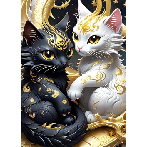 QENSPE Schwarze Weiße Katze Diamond Painting Set für Erwachsene, Diamond Painting Abstrakt Diamond Art, Kristall Diamant Kunst mit Werkzeugen DIY Handwerk für Haus Zimmer Wand Dekor 30x40cm von QENSPE