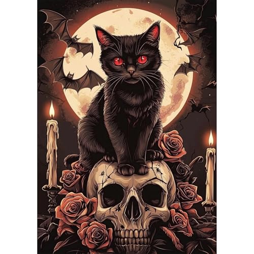 QENSPE Schwarzer Katzen Diamond Painting, Schädel Diamonds Art Set Erwachsene, 5D Diamant Malerei DIY Diamants Kunst Handwerk für Haus Zimmer Wand Dekor 30x40cm von QENSPE
