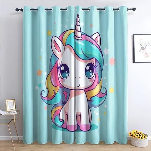 QEODAH Vorhänge Einhorn Kinder Vorhang Blickdicht Ösenvorhang Verdunklungsvorhänge Gardinen Wohnzimmer Schlafzimmer Kinderzimmer Fenster Deko Blackout Curtain 2er Set H 160 x B 140 cm von QEODAH