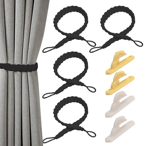 QESSUVNC Curtain Rope Buckle, 4 Stück Baumwolle Strickknoten Geflochtene Window Curtain Raffhalter Dekorative Vorhänge Holdback mit 4 Haken für Wohnzimmer Schlafzimmer Cafe, Schwarz QESSUVNC Curtain Rope Buckle, 4 Stück Baumwolle Strickknoten Geflochtene Window Curtain Raffhalter Dekorative Vorhänge Holdback mit 4 Haken für Wohnzimmer Schlafzimmer Cafe, Schwarz von QESSUVNC