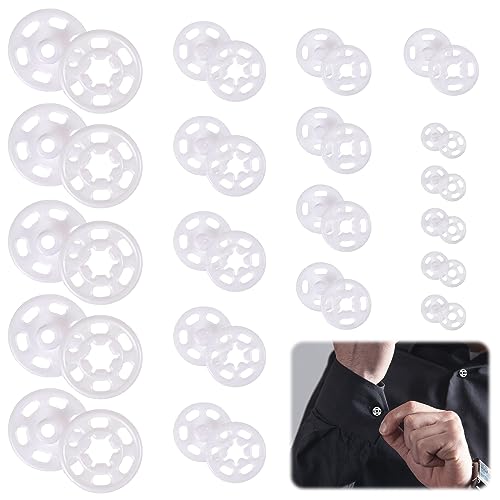 QESSUVNC 100 Paare Druckknöpfe Weiß Kunststoff Knopf Transparente Druckknopf Annähen Unsichtbare Druckknöpfe zum Annähen für DIY Kleidung Knöpfe, 7 mm, 12 mm, 15 mm, 21 mm von QESSUVNC