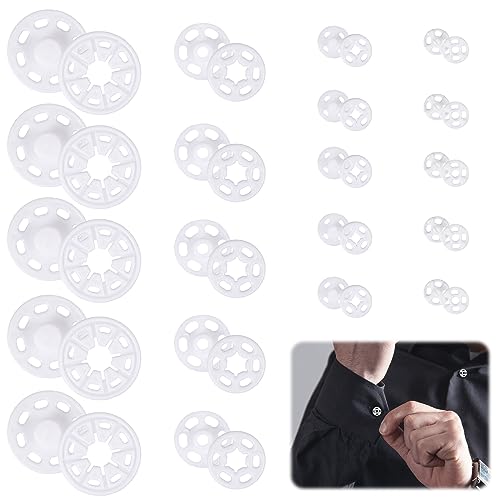 QESSUVNC 120 Paare Druckknöpfe Weiß Kunststoff Knopf Transparente Druckknopf Annähen Unsichtbare Druckknöpfe zum Annähen für DIY Kleidung Knöpfe, 8.5mm, 10mm, 18mm, 25mm von QESSUVNC