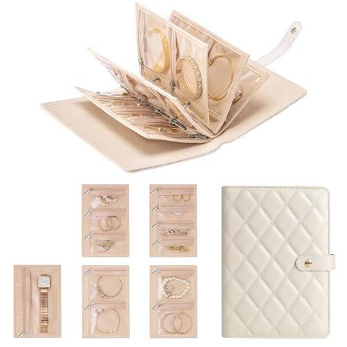 QESSUVNC Reise-Schmuck-Organizer, Reise-Schmuckschatulle mit 5 visuellen Flanelltaschen, tragbares Aufbewahrungsbuch, Reise-Schmuckbeutel für Halskette, Ohrringe, Ringe, Uhr (weiß) von QESSUVNC