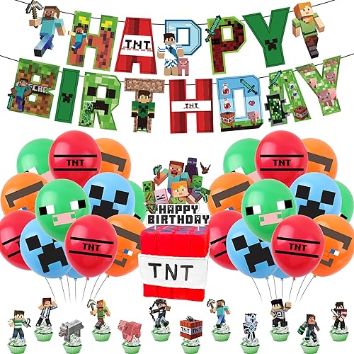 39PCS Miner Gamer Thema Party Dekoration,Mit Geburtstag Luftballons,Cupcake Topper,HAPPY BIRTHDAY Banner,für Jungen Mädchen Geburtstag Partydekorationen (D) von QFBHJLA