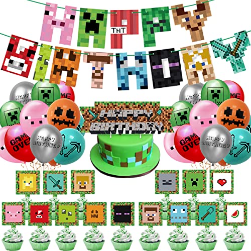 43PCS Miner Gamer Thema Party Dekoration,Mit Geburtstag Luftballons,Cupcake Topper,HAPPY BIRTHDAY Banner,für Jungen Mädchen Geburtstag Partydekorationen (A) von QFBHJLA