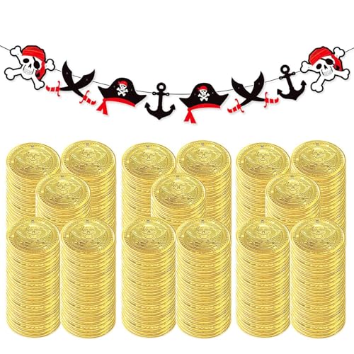 QFEHTHSK 100 Stück Spielmünzen Und 1 Stück Piratenflagge, Spielzeuggoldmünzen, Kinderspielmünzen, Partyzubehör, Partydekorationen QFEHTHSK 100 Stück Spielmünzen Und 1 Stück Piratenflagge, Spielzeuggoldmünzen, Kinderspielmünzen, Partyzubehör, Partydekorationen von QFEHTHSK