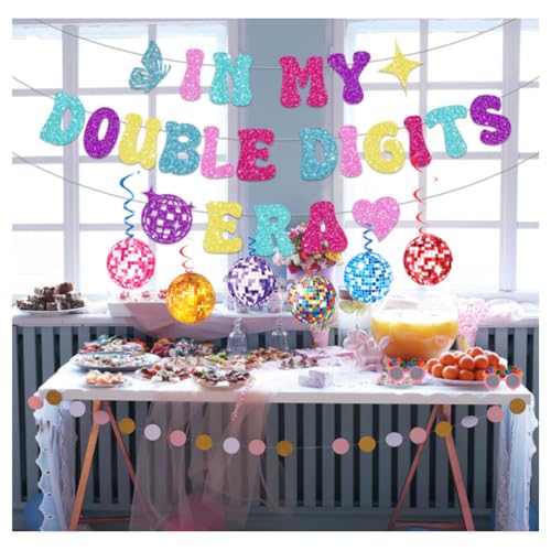 Banner zum 10. Geburtstag, Aufschrift "In My Double Digits Era", Party-Dekoration mit funkelnden hängenden Wirbeln (bunt) von QFSH