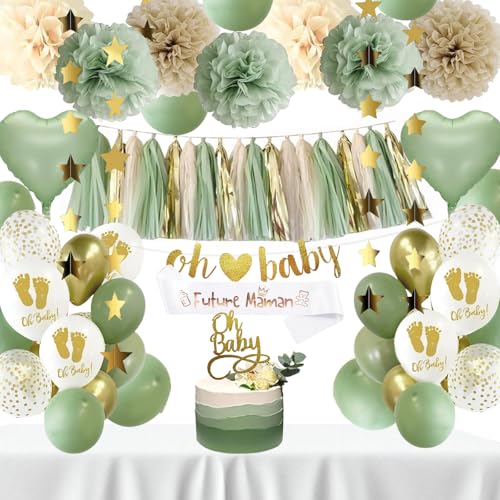 QGGTQG Babyparty Deko, Grüne Baby Shower Deko, Oh Baby Dekoration Luftballons Girlande Banner, Gender Reveal Party Deko Junge Mädchen mit Mummy to be Schärpe Babyshowerparty Neutral (Grüne) von QGGTQG