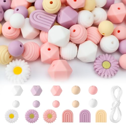 QGGTQG Blumenförmige Silikonperlen Gänseblümchen 110 Stück Rund Lose Silikonperlen 4 Farben Gänseblümchen Bastelperlen mit Nylonseil für DIY Schlüsselanhänger, Halsketten, Armbänder (A) von QGGTQG