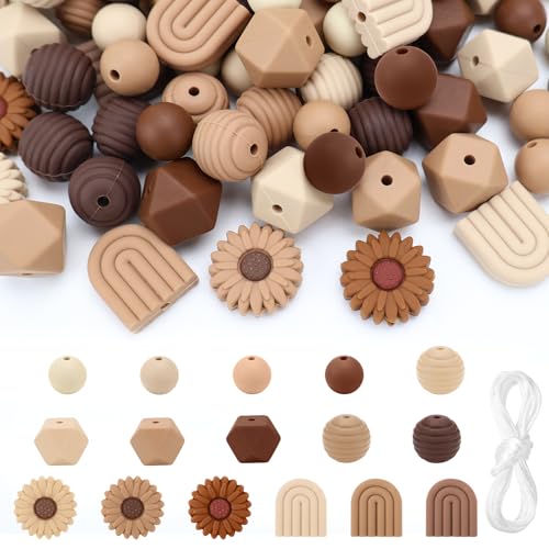 QGGTQG Blumenförmige Silikonperlen Gänseblümchen 110 Stück Rund Lose Silikonperlen 4 Farben Gänseblümchen Bastelperlen mit Nylonseil für DIY Schlüsselanhänger, Halsketten, Armbänder (B) von QGGTQG