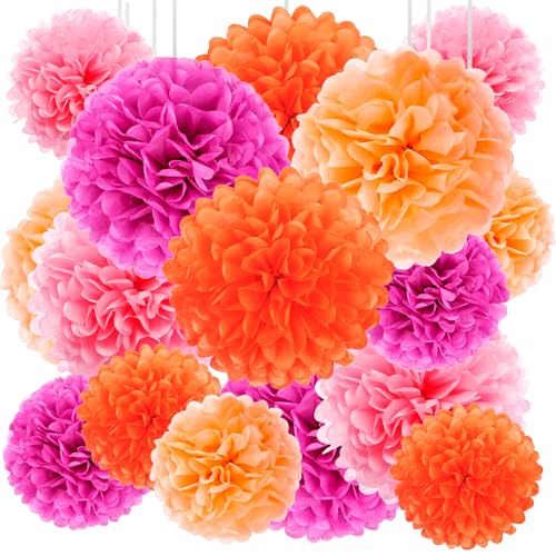 QGGTQG Bunt Seidenpapier Pompons 16 Stück Papier Pompons Set Beige Rosa Party Pompons Dekoration Papierblumen Deko für Geburtstag Hochzeit Babyparty Deko Gartenparty 24,5 cm, 19,8 cm (Orange-Rose) von QGGTQG