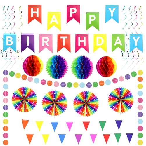 QGGTQG Geburtstagsdeko Set, Wiederverwendbare Regenbogen Happy Birthday Partydeko Bunt Geburtstag Party Deko mit Happy Birthday Girlande, Geburtstag Wimpelkette, Wabenbälle, Papierfächer QGGTQG Geburtstagsdeko Set, Wiederverwendbare Regenbogen Happy Birthday Partydeko Bunt Geburtstag Party Deko mit Happy Birthday Girlande, Geburtstag Wimpelkette, Wabenbälle, Papierfächer von QGGTQG