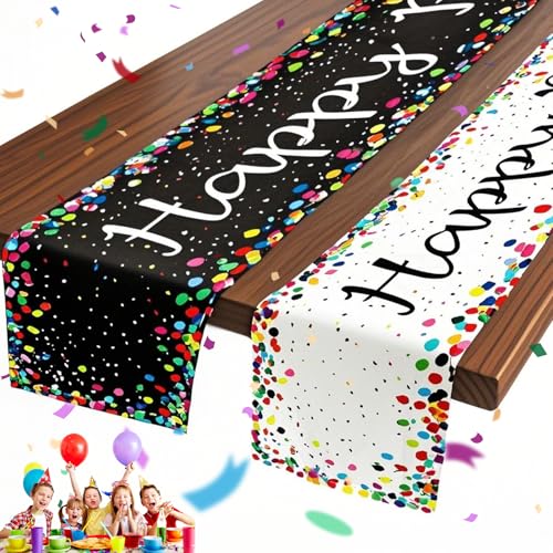 QGGTQG Tischläufer Geburtstag, 180 x 33 cm, 2 Stück Bunt Happy Birthday Tischdecke Party Tischläufer Geburtstag Dekoration Leinen Tischtuch Tischdeko Geburtstag (Schwarz + Weiß) von QGGTQG