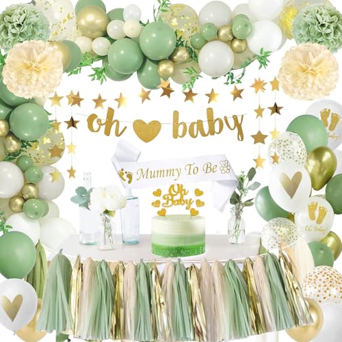 Babyparty Deko Junge, Babyparty Mädchen, Baby Shower Deko Grüne Gold Luftballoons, Oh Baby Girlande, Mommy to Be Sash für Babyshowerparty Neutral Dschungel, Gender Reveal Party Dekoration Boy Girl Babyparty Deko Junge, Babyparty Mädchen, Baby Shower Deko Grüne Gold Luftballoons, Oh Baby Girlande, Mommy to Be Sash für Babyshowerparty Neutral Dschungel, Gender Reveal Party Dekoration Boy Girl von QGKFFOB