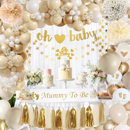 Babyparty Deko Mädchen, Babyparty Mädchen Junge, Baby Shower Deko Weiße Gold Luftballoons, Oh Baby Girlande, Mommy to Be Sash für Babyshowerparty Neutral, Gender Reveal Party Dekoration Girl Boy Babyparty Deko Mädchen, Babyparty Mädchen Junge, Baby Shower Deko Weiße Gold Luftballoons, Oh Baby Girlande, Mommy to Be Sash für Babyshowerparty Neutral, Gender Reveal Party Dekoration Girl Boy von QGKFFOB