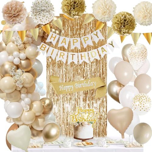 Geburtstagsdeko Gold, Beige Gold Weiß Party Deko Geburtstag Set mit Happy Birthday Banner, Konfetti Luftballons, Lametta Vorhänge, Geburtstags Schärpe, Pompons für Frauen Mädchen Geburtstag Deko Geburtstagsdeko Gold, Beige Gold Weiß Party Deko Geburtstag Set mit Happy Birthday Banner, Konfetti Luftballons, Lametta Vorhänge, Geburtstags Schärpe, Pompons für Frauen Mädchen Geburtstag Deko von QGKFFOB