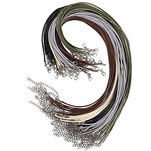 Geflochtene Gewachste Halskette Schnur mit Hummer Schließe und Verlängerungskette Seil, 50 Stück 2mm Lederkette Ohne Anhänger zum DIY Schmuckherstellungs (5 Farben) von QH-Shop