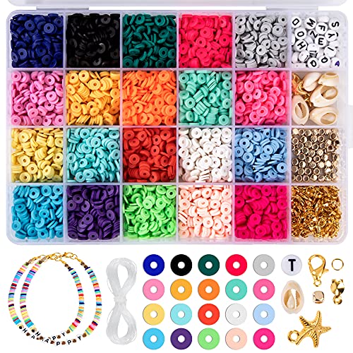 QH-Shop Schmuck Perlen Set für DIY Armband Ohrringe Halskette Basteln, 4270 Stück Mini Farben Perlen Clay Bead mit Elastische Schnur Schmuckherstellung Bastelset von QH-Shop