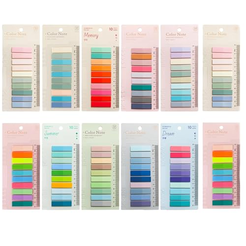 2400 Stück Haftstreifen, 12 Set kleine selbstklebende Haftnotizen, Transparent Sticky Notes,mit Lineal Haftstreifen für Büro Schule Seitenmarkierung Lesezeichen, Perfekte Bücher Zubehör von QHSXMQ
