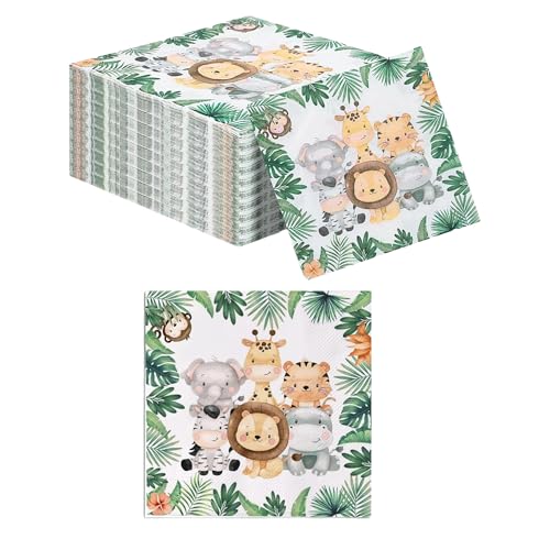 60 Stück Servietten Kindergeburtstag, Waldtiere Geburtstag Servietten 1. Geburtstag, 33 * 33cm Servietten Dschunge, Party Motiv Tiere, Blätter, Grün Für Waldtiere Geburtstag und servietten Tiere von QHSXMQ