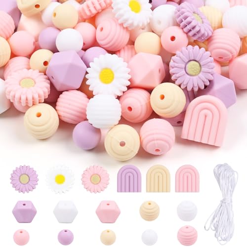 97 Stück Blumenförmige Silikonperlen Rund Lose Bastelperlen Bulk Gänseblümchen Bastelperlen 4 Farben mit Nylonseil, Bunt Blumen Perlen für DIY Schlüsselanhänge Handwerk Schmuckherstellung von QHSXMQ