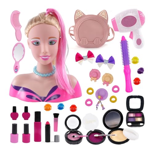 Frisierköpfe für Kinder, blondes Haar, 35 Stück, Frisierzubehör, Puppenkopf für Mädchen, Make-up-Spielzeug und Frisur, Geschenk für Weihnachten, Geburtstag, ab 3 Jahren (Typ A) von QIAKEFE