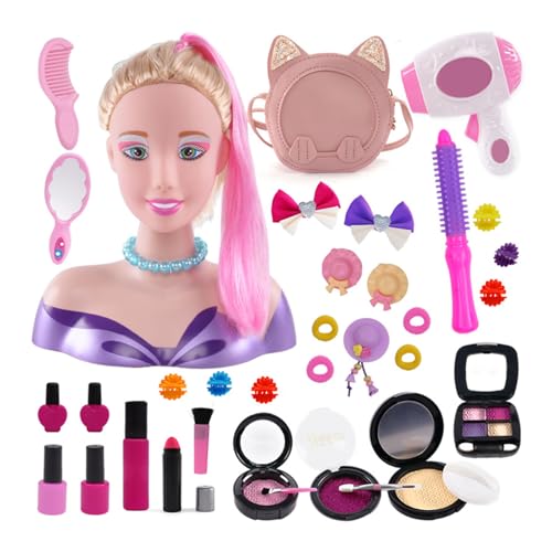 Frisierköpfe für Kinder, blondes Haar, 35 Stück, Frisierzubehör, Puppenkopf für Mädchen, Make-up-Spielzeug und Frisur, Geschenk für Weihnachten, Geburtstag, ab 3 Jahren (Typ B) von QIAKEFE