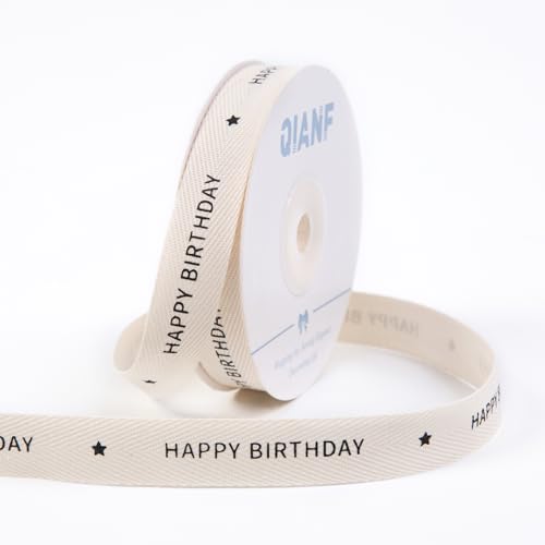 QIANF Baumwollband, 1,6 cm, 12,7 m, natürliches Fischgräten-Twill-Band mit Aufdruck "Happy Birthday" und Stern für Geburtstag, Geschenkverpackung, Backen, Basteln, Blumensträuße, Dekoration von QIANF