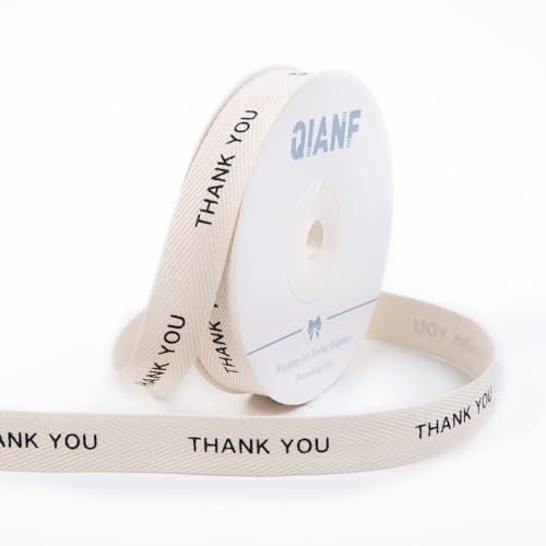 QIANF Baumwollband mit Aufschrift "Thank You", 1,6 cm, 12,7 m, natürliches Fischgräten-Twill-Band für Hochzeit, Geburtstag, Geschenkverpackung, Backen, Basteln, Blumensträuße, Dekoration von QIANF