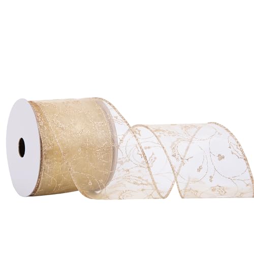 QIANF Champagner-Organza-Band mit glitzerndem Wirbelmuster und metallischem Rand, 6,3 cm x 9,1 m Drahtkante, Netzband für Weihnachtsbaumdekoration, Geschenkverpackung, Kränze, Schleifen, Herstellung QIANF Champagner-Organza-Band mit glitzerndem Wirbelmuster und metallischem Rand, 6,3 cm x 9,1 m Drahtkante, Netzband für Weihnachtsbaumdekoration, Geschenkverpackung, Kränze, Schleifen, Herstellung von QIANF