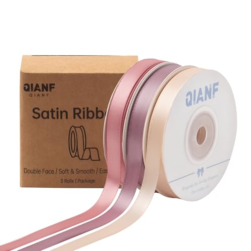 QIANF Doppelseitiges Satinband, 1,9 cm x 42,7 m, Champagnerrosa/Roségold/Mauve, Stoffband für Geschenkverpackungen, Blumensträuße, Schleifen, Hochzeitsdekoration (3 Rollen x 13 m) von QIANF