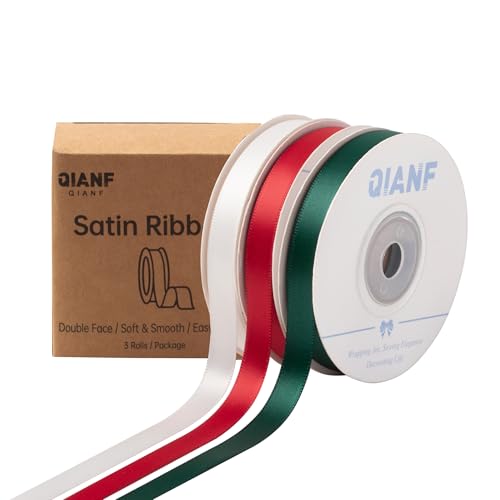 QIANF Doppelseitiges Satinband, 1,9 cm x 42,7 m, Stoffband für Geschenkverpackungen, Blumensträuße, Haarschleifen, Hochzeitsdekoration, Weihnachten (3 Rollen x 13 m) von QIANF