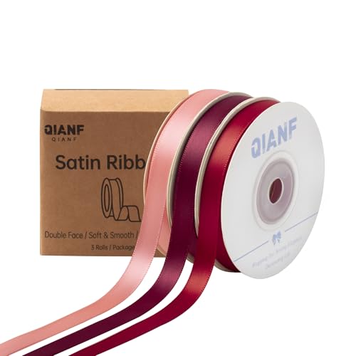 QIANF Doppelseitiges Satinband, 1,9 cm x 42,7 m, Weinrot, Korallenrosa, Stoffband für Geschenkverpackungen, Blumensträuße, Schleifen, Hochzeitsdekoration, Einladungen, Weihnachten (3 Rollen x 13 m) von QIANF