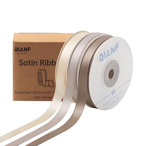 QIANF Doppelseitiges Satinband, 1,9 cm x 45 m, elfenbeinfarbenes Stoffband für Geschenkverpackungen, Blumensträuße, Haarschleifen, Hochzeitsdekoration, Einladungskarten, Weihnachten (3 Rollen x 13 m) von QIANF