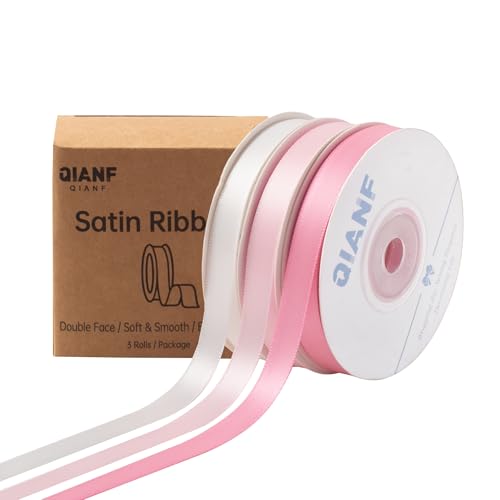 QIANF Doppelseitiges Satinband, 1,9 cm x 45 m, weißes Stoffband für Geschenkverpackungen, Blumensträuße, Haarschleifen, Hochzeitsdekoration, Einladungskarten, Weihnachten (3 Rollen x 13 m) von QIANF