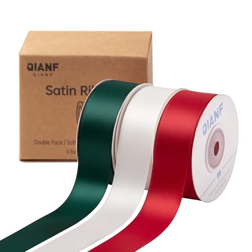 QIANF Doppelseitiges Satinband, 2,5 cm x 42,7 m, Stoffband für Geschenkverpackungen, Blumensträuße, Haarschleifen, Hochzeitsdekoration, Weihnachten (3 Rollen x 13 m) von QIANF