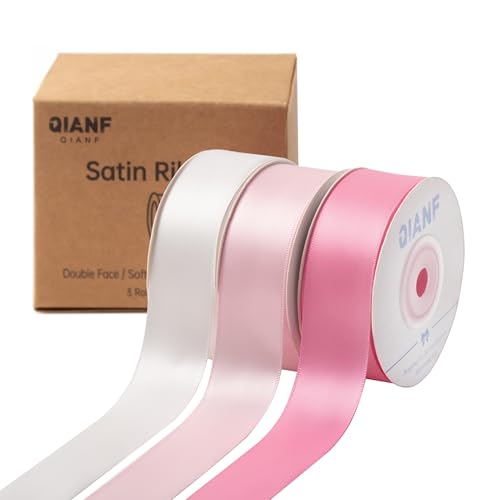 QIANF Doppelseitiges Satinband, 2,5 cm x 42,7 m, weißes Stoffband für Geschenkverpackungen, Blumensträuße, Haarschleifen, Hochzeitsdekoration, Einladungskarten, Weihnachten (3 Rollen x 13 m) von QIANF