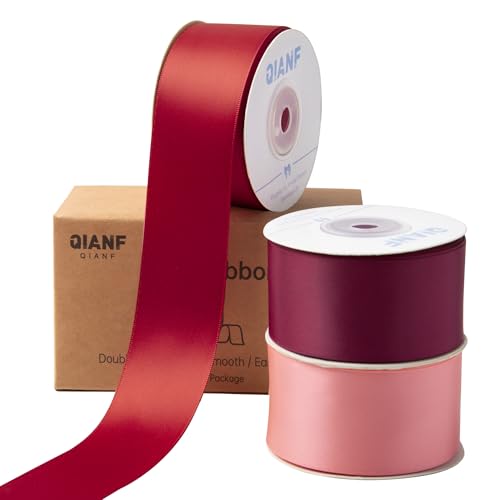 QIANF Doppelseitiges Satinband, 3,8 cm x 42,7 m, Weinrot, Korallenrosa, Stoffband für Geschenkverpackungen, Blumensträuße, Schleifen, Hochzeitsdekoration, Einladungen, Weihnachten (3 Rollen x 13 m) von QIANF