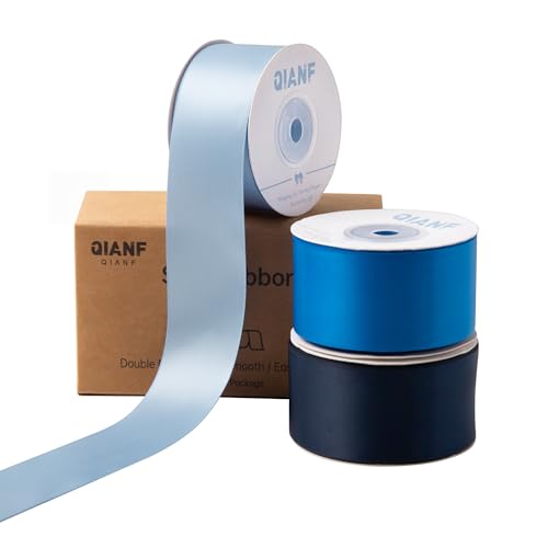 QIANF Doppelseitiges Satinband, 3,8 cm x 45 m, Babyblau/Königsblau/Marineblau, Stoffband für Geschenkverpackungen, Blumensträuße, Haarschleifen, Hochzeitsdekoration, Einladungskarten (3 Rollen x 13 m) von QIANF