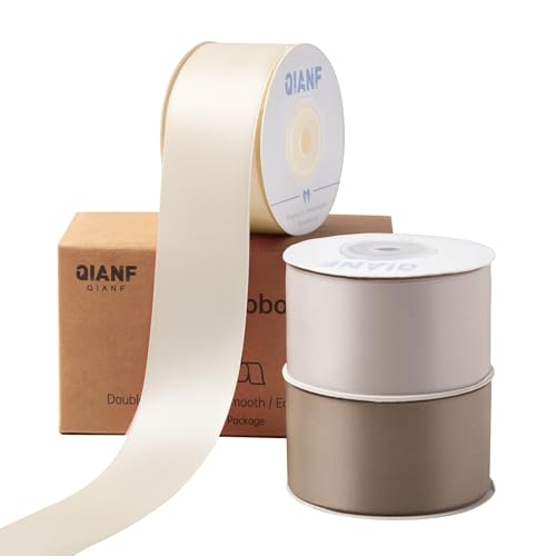 QIANF Doppelseitiges Satinband, 3,8 cm x 45 m, elfenbeinfarbenes Stoffband für Geschenkverpackungen, Blumensträuße, Haarschleifen, Hochzeitsdekoration, Einladungskarten, Weihnachten (3 Rollen x 13 m) von QIANF