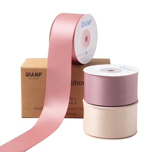 QIANF Doppelseitiges Satinband, Dusty Rose, 3,8 cm x 45 m, Champagnerrosa/Roségold/Mauve, Stoffband für Geschenkverpackungen, Blumensträuße, Schleifen, Hochzeitsdekoration (3 Rollen x 13 m) von QIANF