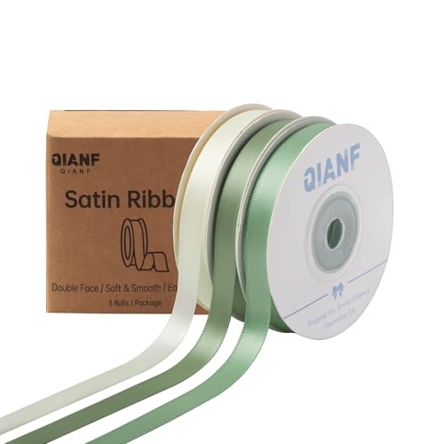 QIANF Doppelseitiges Satinband, Salbeigrün, 0,9 cm x 45 m, Moosgrün/cremefarben, Stoffband für Geschenkverpackungen, Blumensträuße, Schleifen, Hochzeitsdekoration, Einladungen, Weihnachten (3 Rollen x von QIANF