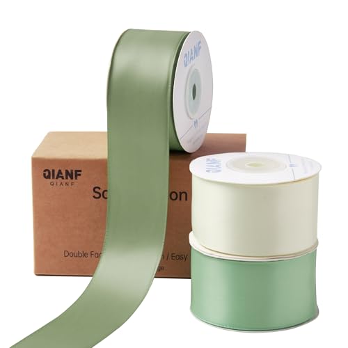 QIANF Doppelseitiges Satinband, Salbeigrün, 3,8 cm x 42,7 m, moosgrün-cremefarben, Stoffband für Geschenkverpackungen, Blumensträuße, Schleifen, Hochzeitsdekoration, Einladungen, Weihnachten (3 Rollen von QIANF