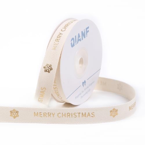 QIANF Individuelles Glitzer-Baumwollband, 1,5 cm, 12,7 m, natürliches Fischgräten-Twill-Band mit bedrucktem Gold, Frohe Weihnachten und Schneeflocke, für Geschenkverpackungen, Kranz, Girlande von QIANF