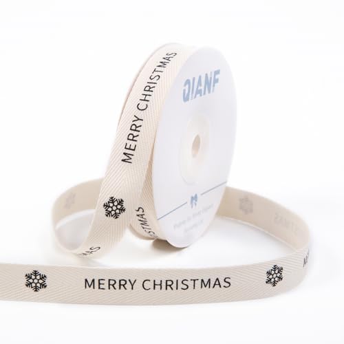 QIANF Personalisierbares Weihnachts-Baumwollband, 1,6 cm, 12,7 m, natürliches Fischgräten-Twill-Band mit bedrucktem schwarzen Frohe Weihnachten und Schneeflocke, für Geschenkverpackungen, Kranz von QIANF