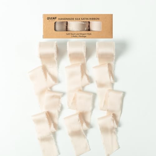 QIANF Satin-Seidenband mit Fransen in hellem Champagner, handgefertigt, 3,8 cm x 21 m, ausgefranste Kanten, Bänder für Hochzeitseinladungen, Blumensträuße, Geschenkverpackungen von QIANF
