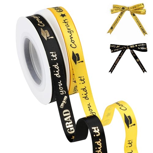 QIANF Satinband für Abschlussfeier, 1,9 cm (3/8 Zoll), Klasse 2025, Gelb/Schwarz, für Abschlussfeier, Leis, Glückwünsche, Geschenkverpackung, Blumenstrauß, Party-Dekoration, insgesamt 20 Meter von QIANF